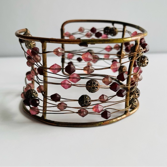 Wire Cuff Bracelet with Pink and Brown Beads - Picture 1 of 16